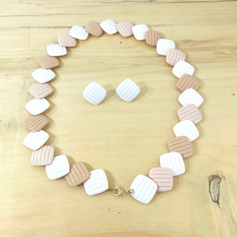 Vtg 80s Avon Necklace Earrings Art Deco Chicklet Clip-On Acrylic Retro Ribbed